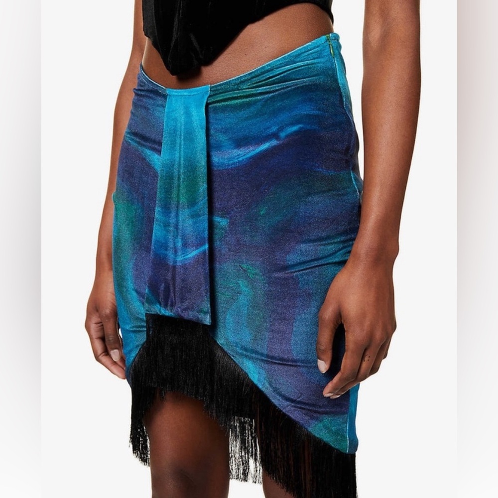 FARAI LONDON Edena Velvet Turquoise fringe skirt. Sz. M